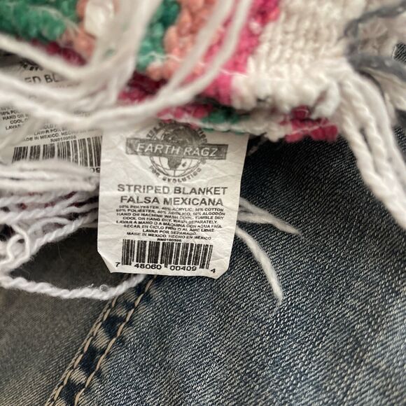 Earth Ragz Pink Green Striped Fringed Drug Rug blanket 67”x44” Made‎ In Mexico - Picture 3 of 3